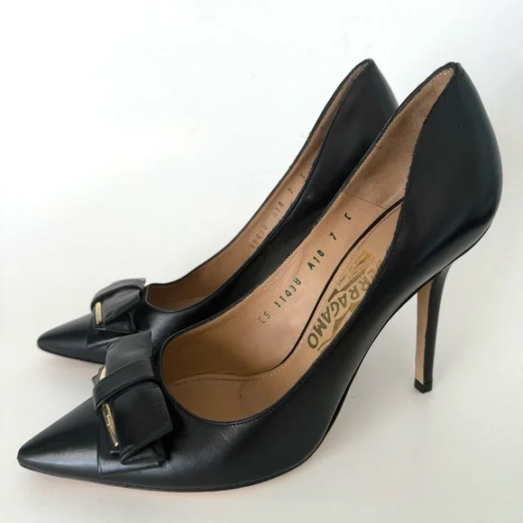 Salvatore Ferragamo Runa 100 Double Bow Leather Stiletto Heel Pointed Toe Pumps - Picture 1 of 14